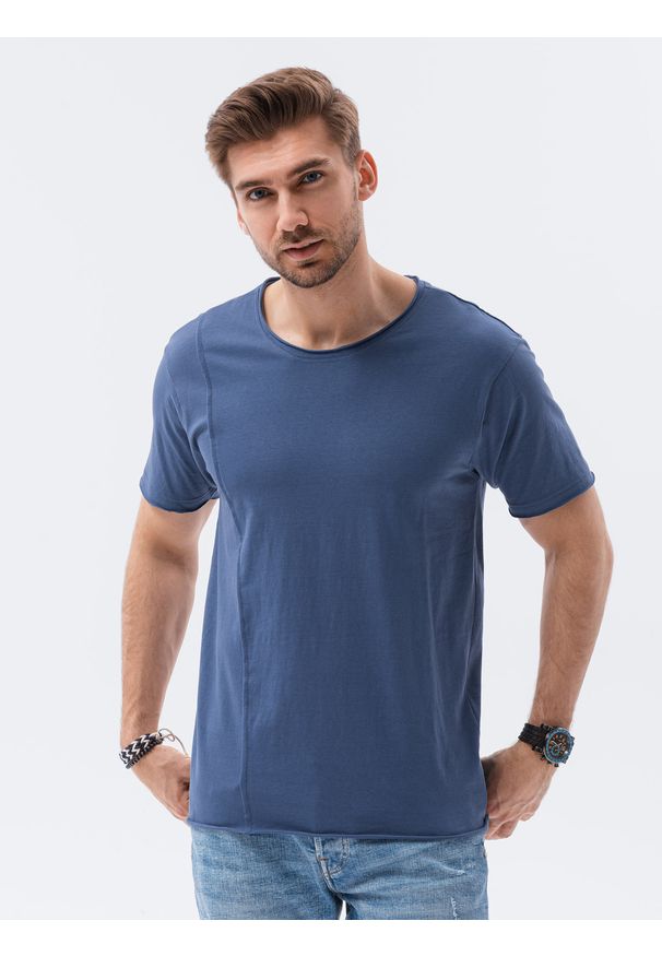 Ombre Clothing - T-shirt męski bawełniany S1378 - granatowy - XXL. Kolor: niebieski. Materiał: bawełna