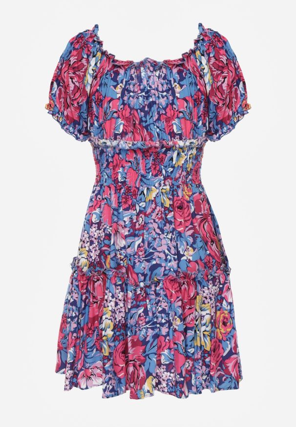 Renee - Granatowa Rozkloszowana Sukienka Mini z Gumkami w Pasie i Krótkimi Rękawami z Wiskozy Merrelle. Typ kołnierza: dekolt hiszpanka, kołnierz z falbankami. Kolor: niebieski. Materiał: wiskoza. Długość rękawa: krótki rękaw. Sezon: wiosna, lato. Długość: mini