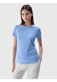 4f - 4F T-shirt slim gładki damski - niebieski M. Okazja: na co dzień. Kolor: niebieski. Materiał: dzianina, bawełna, jersey, materiał, elastan. Długość rękawa: krótki rękaw. Długość: krótkie. Wzór: gładki. Sezon: lato. Styl: klasyczny, sportowy, casual