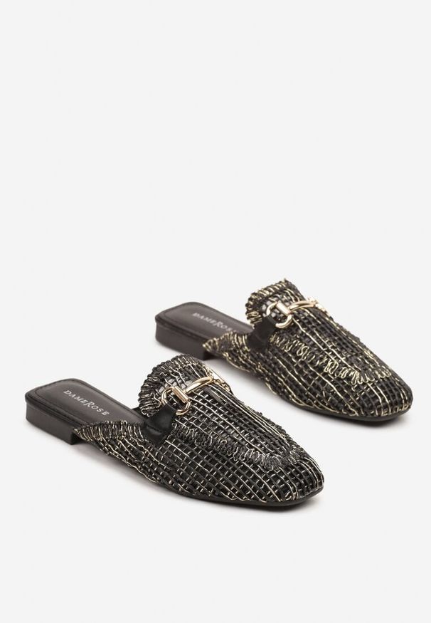 Born2be - Czarne Tweedowe Klapki Mule z Metaliczną Aplikacją Jolritia. Okazja: na co dzień. Kolor: czarny. Materiał: jeans. Wzór: aplikacja. Styl: casual, klasyczny