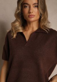 Renee - Brązowy Sweter z Wełną z Krótkim Rękawem i Dekoltem V z Kołnierzem Tevirna. Kolor: brązowy. Materiał: wełna. Długość rękawa: krótki rękaw. Długość: krótkie #3