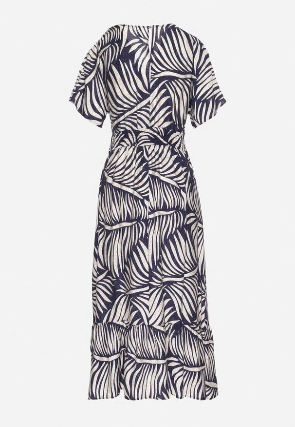 Born2be - Niebieska Sukienka Wiskozowa Rozkloszowana w Liściasty Print Draledia. Typ kołnierza: dekolt w serek. Kolor: niebieski. Materiał: wiskoza. Długość rękawa: krótki rękaw. Wzór: nadruk. Typ sukienki: rozkloszowane