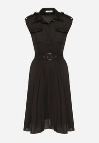 Born2be - Czarna Wiskozowa Sukienka Rozkloszowana z Koszulową Górą i Plisami z Paskiem Eviravie. Okazja: na co dzień. Kolor: czarny. Materiał: wiskoza. Typ sukienki: koszulowe. Styl: klasyczny, casual, elegancki. Długość: midi #3