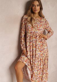Renee - Pomarańczowo-Fioletowa Sukienka Dorosa. Kolor: pomarańczowy. Długość rękawa: długi rękaw. Wzór: kwiaty. Długość: midi