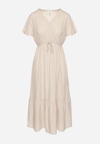 Born2be - Beżowa Bawełniana Sukienka o Rozkloszowanym Kroju z Wiązaniem w Talii Folarina. Okazja: na spacer, na co dzień. Typ kołnierza: dekolt w serek. Kolor: beżowy. Materiał: bawełna. Długość rękawa: krótki rękaw. Typ sukienki: rozkloszowane. Styl: casual, elegancki #3