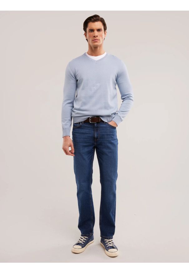 Big-Star - Sweter męski bawełniany z dekoltem v-neck niebieski Vassic 400. Okazja: na co dzień. Kolor: niebieski. Materiał: bawełna. Styl: klasyczny, elegancki, casual