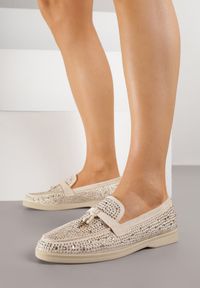 Born2be - Beżowe Mokasyny Ozdobione Cyrkoniami i Aplikacjami Isirsyss. Okazja: na co dzień. Kolor: beżowy. Materiał: jeans. Wzór: aplikacja. Styl: casual, elegancki #2