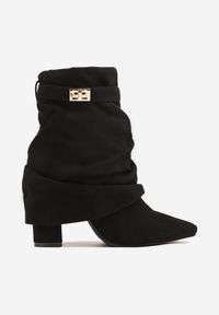 Born2be - Czarne Marszczone Botki na Obcasie z Wywiniętą Cholewką Latirelle. Okazja: na co dzień. Kolor: czarny. Materiał: jeans. Szerokość cholewki: normalna. Obcas: na obcasie. Styl: casual, elegancki. Wysokość obcasa: średni #6