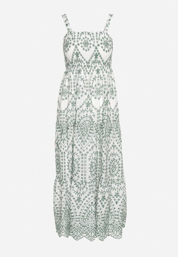 Born2be - Zielono-Biała Bawełniana Sukienka Ozdobiona Haftem Sadonique. Okazja: na co dzień. Kolor: zielony. Materiał: bawełna. Długość rękawa: na ramiączkach. Wzór: aplikacja, haft. Styl: casual, elegancki