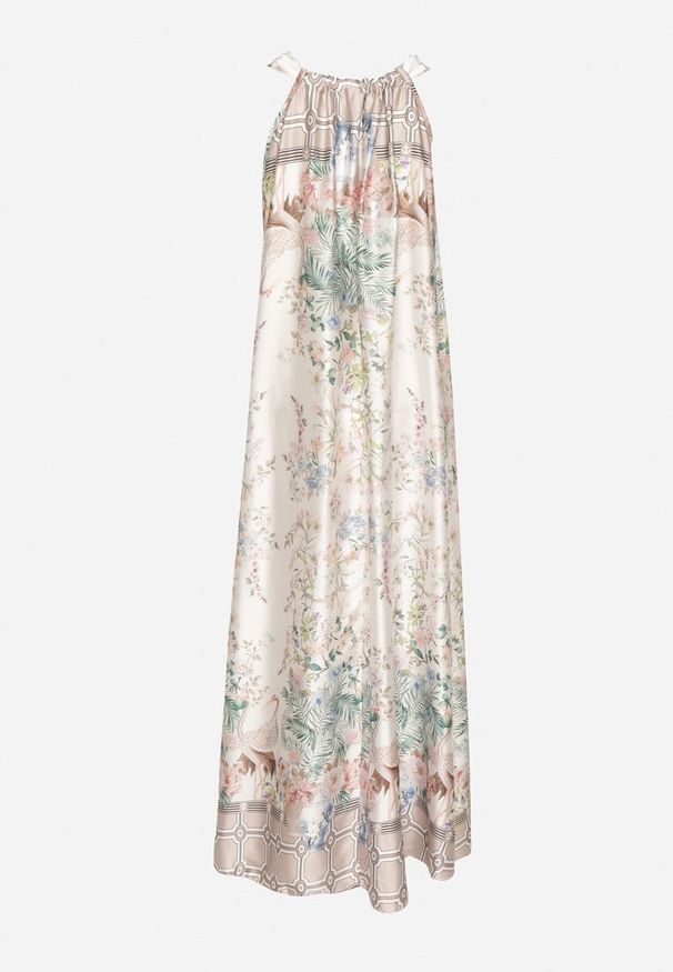 Born2be - Biała Satynowa Sukienka w Kwiaty z Ozdobnym Wiązaniem Fenasella. Okazja: na co dzień. Kolor: biały. Materiał: satyna. Wzór: kwiaty. Typ sukienki: proste. Styl: wizytowy, klasyczny, casual, elegancki