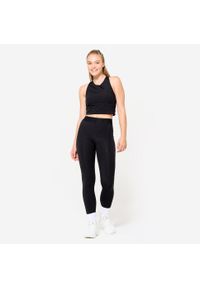 DOMYOS - Koszulka fitness damska Domyos crop top bez rękawów. Kolor: czarny. Materiał: materiał, poliamid, elastan. Długość rękawa: bez rękawów. Sport: fitness