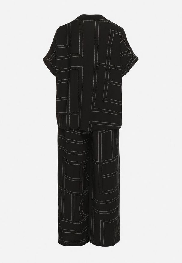 Born2be - Czarny Komplet z Lnem i Wiskozą Koszula i Spodnie w Geometryczny Wzór Fevoline. Kolor: czarny. Materiał: wiskoza, len. Wzór: geometria