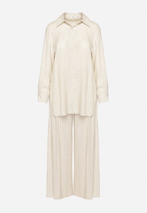 Born2be - Jasnobeżowy Komplet z Wiskozy Koszula na Guziki Szerokie Spodnie z Gumką w Pasie Tinasiam. Kolor: beżowy. Materiał: wiskoza