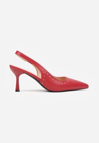Renee - Czerwone Sandały Slingback na Szpilce z Aplikacją z Nitami Sewluna. Kolor: czerwony. Materiał: koronka. Wzór: aplikacja. Obcas: na szpilce. Styl: elegancki. Wysokość obcasa: średni #4
