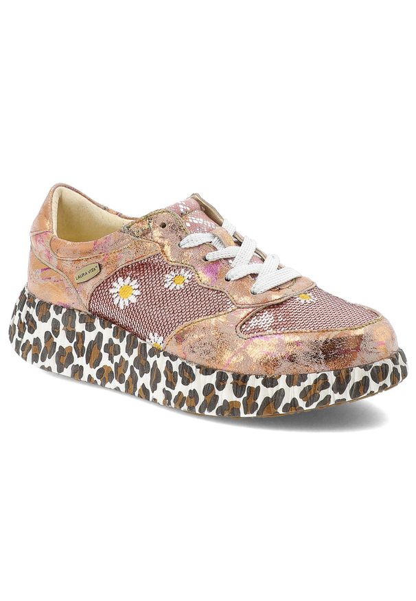Różowe Sneakersy Laura Vita Modne Obuwie Damskie. Zapięcie: sznurówki. Kolor: różowy. Szerokość cholewki: normalna. Wzór: kwiaty, nadruk, motyw zwierzęcy. Styl: klasyczny