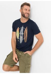 bonprix - T-shirt Slim Fit z czystej bawełny organicznej, Slim Fit. Kolor: niebieski. Materiał: bawełna. Wzór: nadruk