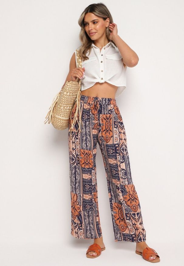 Born2be - Niebiesko-Pomarańczowe Spodnie Palazzo z Wiskozy z Gumką w Talii Lirfea. Okazja: na co dzień. Kolor: niebieski. Materiał: wiskoza. Styl: casual, elegancki, boho, klasyczny