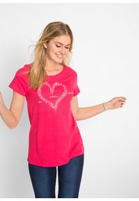 bonprix - Shirt bawełniany z nadrukiem serca, krótki rękaw. Kolor: czerwony. Materiał: bawełna. Długość rękawa: krótki rękaw. Długość: krótkie. Wzór: nadruk
