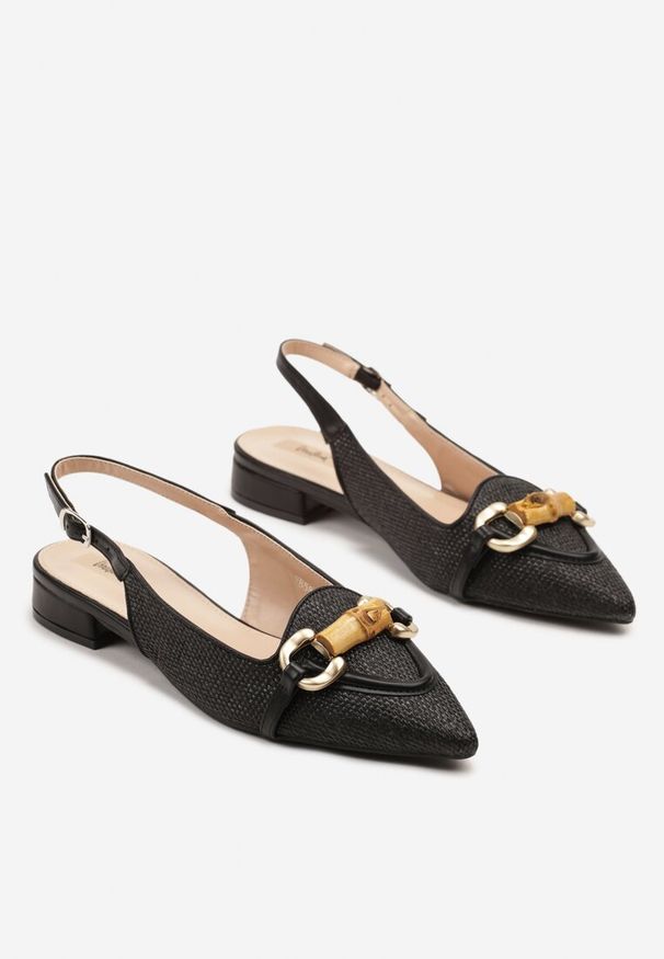 Renee - Czarne Tweedowe Sandały Slingback z Ozdobną Aplikacją Davira. Okazja: na co dzień. Kolor: czarny. Materiał: materiał, koronka. Wzór: aplikacja. Styl: elegancki, casual