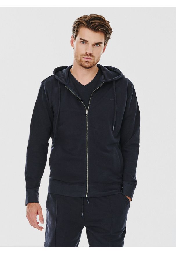 Pako Lorente - Rozpinana bluza dresowa w granatowym kolorze. Okazja: na co dzień. Typ kołnierza: kaptur. Kolor: niebieski, szary. Materiał: dresówka. Wzór: gładki. Styl: casual