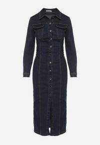 Born2be - Granatowa Jeansowa Sukienka Koszulowa o Taliowanym Kroju Neveala. Okazja: na co dzień. Kolor: niebieski. Materiał: jeans. Typ sukienki: koszulowe. Styl: klasyczny, casual. Długość: midi #3