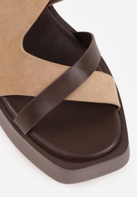 Born2be - Ciemnobeżowe Sandały na Koturnie i Platformie Ozdobione Nitami i Wycięciami Merennea. Okazja: na co dzień. Zapięcie: sprzączka. Kolor: beżowy. Wzór: aplikacja. Obcas: na koturnie. Styl: casual, klasyczny, elegancki #8