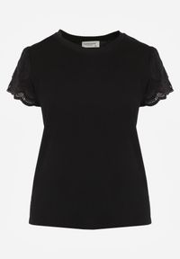 Renee - Czarny T-shirt z Bawełny z Rękawami z Koronki Hycis. Kolor: czarny. Materiał: bawełna, koronka. Wzór: koronka #5