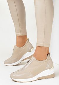 Born2be - Beżowe Sneakersy na Niskim Koturnie z Ozdobnym Zamkiem Malios. Zapięcie: zamek. Kolor: beżowy. Materiał: materiał. Obcas: na koturnie #3