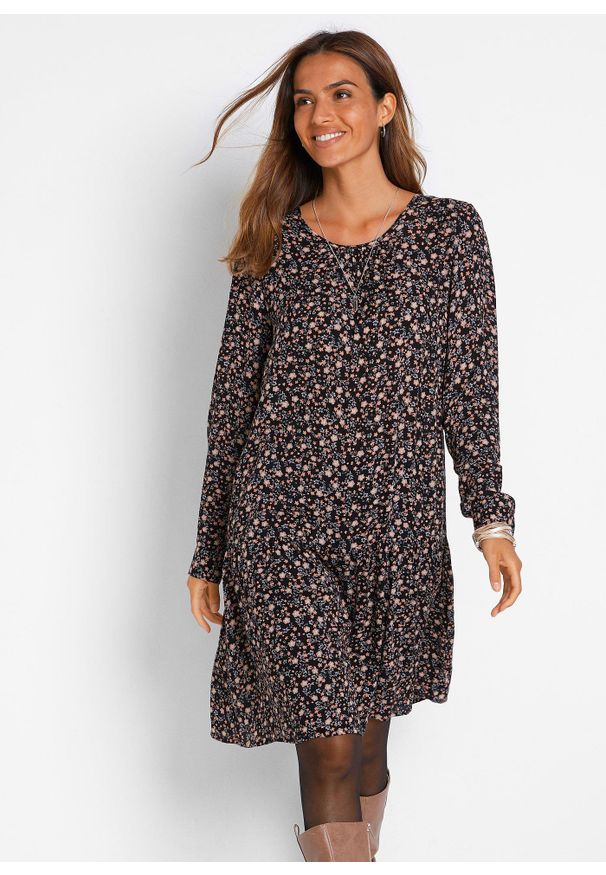 bonprix - Sukienka z lejącej wiskozy. Kolor: czarny. Materiał: wiskoza. Długość rękawa: długi rękaw. Wzór: kwiaty