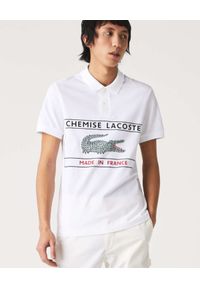Lacoste - LACOSTE - Biała koszulka polo Made In France. Typ kołnierza: polo. Kolor: biały. Materiał: bawełna. Wzór: aplikacja, nadruk. Styl: klasyczny