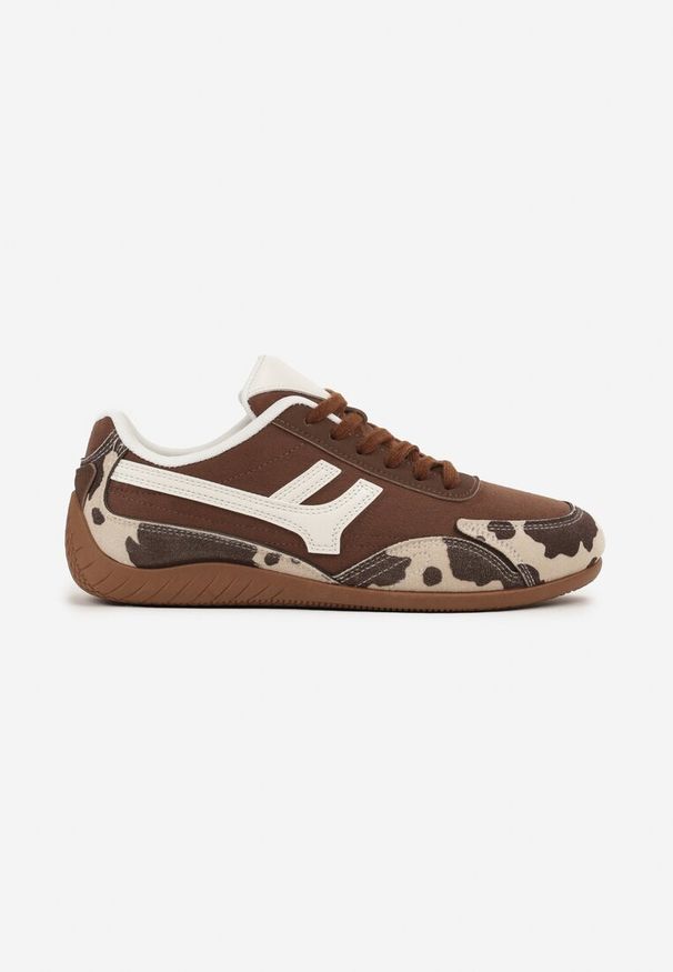 Renee - Brązowe Sneakersy z Geometrycznym Motywem i Wzorem w Łaty Arpolia. Okazja: na co dzień. Kolor: brązowy. Materiał: jeans. Wzór: geometria
