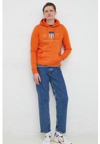 GANT - Gant bluza męska kolor pomarańczowy z kapturem z aplikacją. Okazja: na co dzień. Typ kołnierza: kaptur. Kolor: pomarańczowy. Wzór: aplikacja. Styl: casual #4