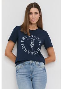 Trussardi Jeans - Trussardi - T-shirt bawełniany. Okazja: na co dzień. Kolor: niebieski. Materiał: bawełna. Wzór: nadruk. Styl: casual