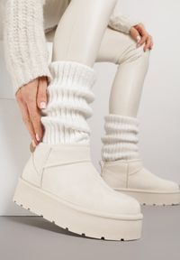 Renee - Beżowe Wsuwane Śniegowce z Futerkowym Ociepleniem na Platformie Eslin. Okazja: na co dzień. Zapięcie: bez zapięcia. Kolor: beżowy. Materiał: jeans, puch. Obcas: na platformie. Styl: casual, elegancki #2