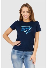 Guess - GUESS Granatowy t-shirt damski iconic, Rozmiar XS. Kolor: niebieski. Materiał: bawełna. Wzór: aplikacja