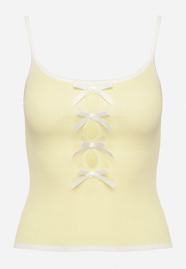 Born2be - Żółty Prążkowany Top z Ozdobnymi Kokardami Evilellis. Okazja: na co dzień. Typ kołnierza: kokarda. Kolor: żółty. Materiał: prążkowany. Styl: elegancki, casual