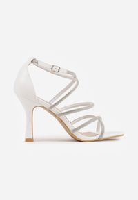 Born2be - Białe Sandały na Szpilce z Cyrkoniami i Kwadratowym Noskiem Vikirona. Zapięcie: sprzączka. Kolor: biały. Wzór: aplikacja. Obcas: na szpilce. Styl: wizytowy #4