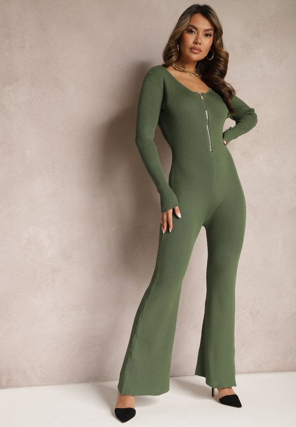 Renee - Zielony Kombinezon Bodycon z Prążkowanej Wiskozy ze Spodniami Typu Dzwony i Suwakiem Lavirna. Kolor: zielony. Materiał: wiskoza, prążkowany. Styl: elegancki