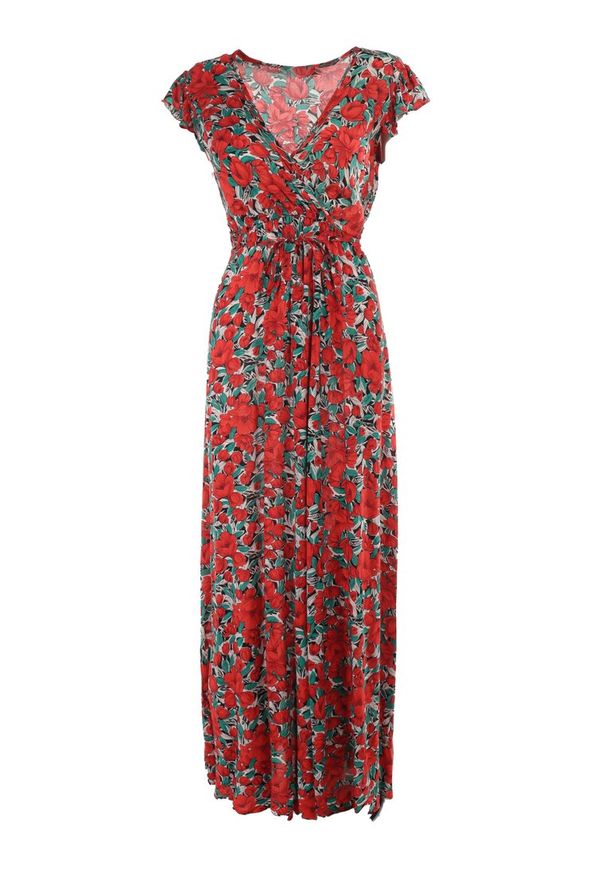 Born2be - Czerwona Sukienka Metinise. Kolor: czerwony. Materiał: tkanina, materiał. Długość rękawa: krótki rękaw. Wzór: aplikacja, kwiaty. Długość: maxi