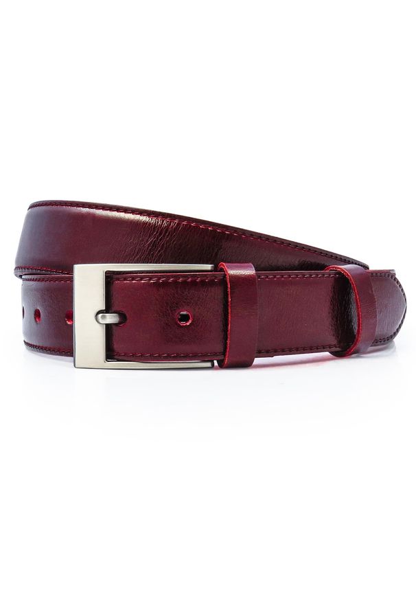 Bordowy pasek męski KMG9B. Kolor: czerwony. Materiał: skóra. Wzór: paski