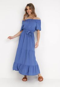 Born2be - Niebieska Sukienka z Wiskozy Telephanassa. Typ kołnierza: dekolt hiszpanka. Kolor: niebieski. Materiał: wiskoza. Długość rękawa: krótki rękaw. Wzór: gładki. Typ sukienki: rozkloszowane. Długość: maxi #6