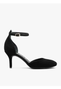 Ryłko - Czarne czółenka zapinane na pasek ze skóry welurowej. Nosek buta: okrągły. Zapięcie: pasek. Kolor: czarny. Materiał: welur, skóra. Sezon: lato. Obcas: na obcasie. Styl: elegancki. Wysokość obcasa: średni #1