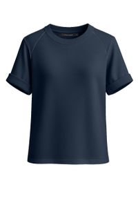 Volcano - Granatowa bluzka z modalem TM-ELI. Kolor: niebieski. Materiał: poliester, elastan, skóra, materiał. Długość rękawa: krótki rękaw. Długość: krótkie. Wzór: gładki. Sezon: zima, wiosna, jesień, lato #1