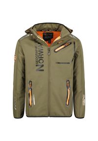 Geographical Norway ROYAUTE - softshell męski khaki z pomarańczowymi akcentami.. Kolor: żółty, zielony, pomarańczowy, wielokolorowy. Materiał: poliester, elastan. Sezon: jesień. Sport: turystyka piesza #1