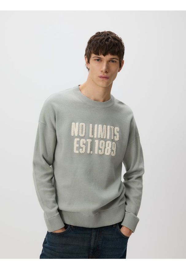 Reserved - Sweter z napisem - jasnozielony. Kolor: zielony. Materiał: bawełna, dzianina. Wzór: napisy