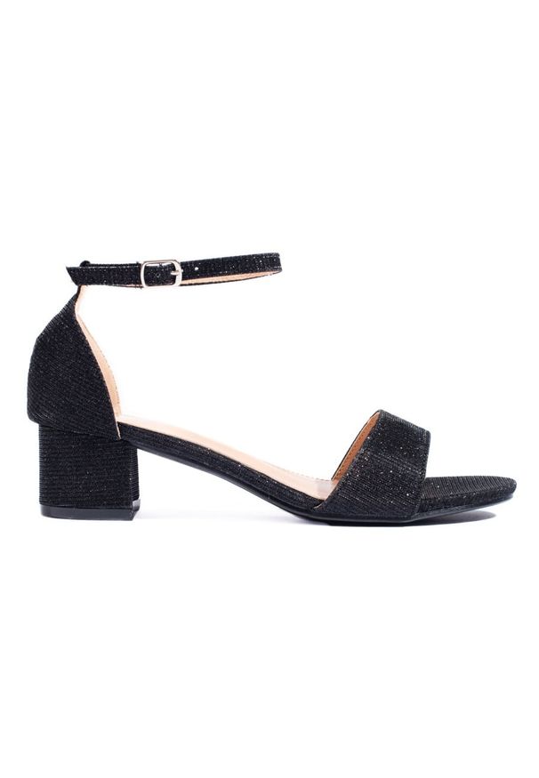 SHELOVET - Eleganckie brokatowe sandały na niskim obcasie Shelovet czarne. Kolor: czarny. Obcas: na obcasie. Styl: elegancki. Wysokość obcasa: niski