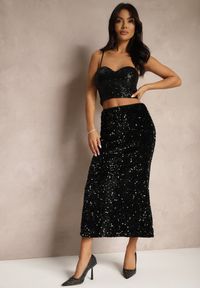 Renee - Czarna Koktajlowa Spódnica High Waist w Cekiny Melimi. Okazja: na co dzień. Stan: podwyższony. Kolor: czarny. Materiał: jedwab. Styl: wizytowy #5