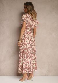 Renee - Ciemnobeżowa Rozkloszowana Sukienka w Kwiatowy Wzór z Paskiem Niloreia. Okazja: na co dzień. Kolor: beżowy. Wzór: kwiaty. Typ sukienki: proste. Styl: klasyczny, elegancki, casual #4