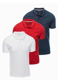 Ombre Clothing - Komplet męskich t-shirtów bawełnianych polo BASIC – granatowy/biały/czerwony V3 OM-POBS-0133 - XXL. Typ kołnierza: polo. Kolor: czerwony. Materiał: bawełna. Wzór: haft. Styl: klasyczny, sportowy