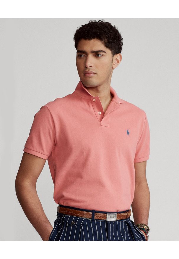 Ralph Lauren - RALPH LAUREN - Różowa koszulka polo Mesh Custom Fit. Typ kołnierza: polo. Kolor: różowy, wielokolorowy, fioletowy. Materiał: mesh. Wzór: haft